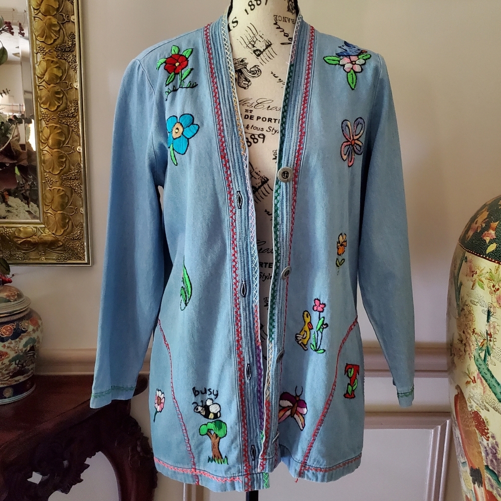 Groovy Vintage Hand Embroidered Lightweight Denim Shacket - Picture 2 of 15
